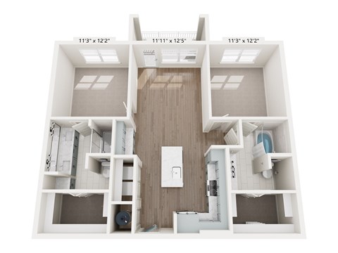 A 3D floor plan of a small apartment with a kitchen, living room, and bathroom.